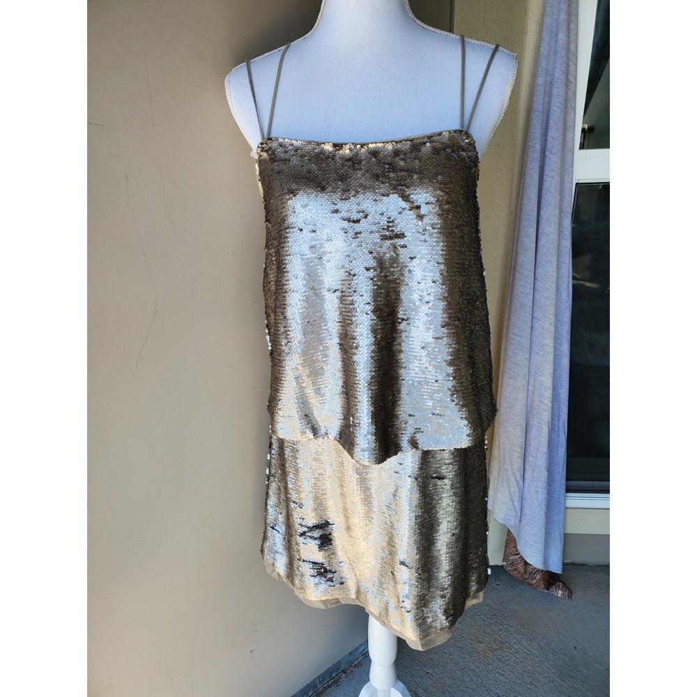 Banana Republic Dress Womens 6 Gold Double Sequins Tiered‎ Silk Party Evening
